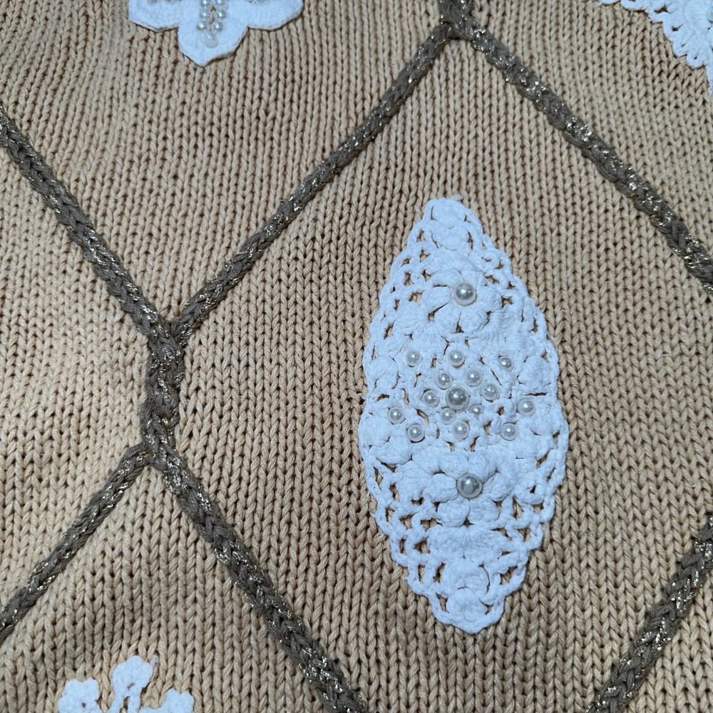 Vintage 90s Casual Corner Statement Knit Sweater Women L Embellished Pearls Gold - Picture 7 of 9